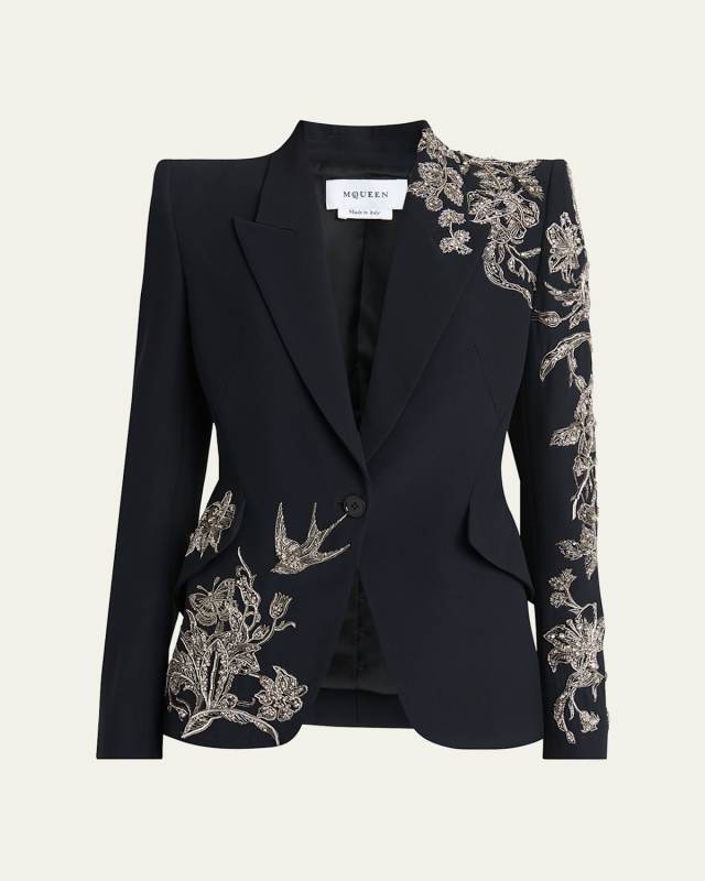 Crystal Embroidered Single-Breasted Blazer Jacket